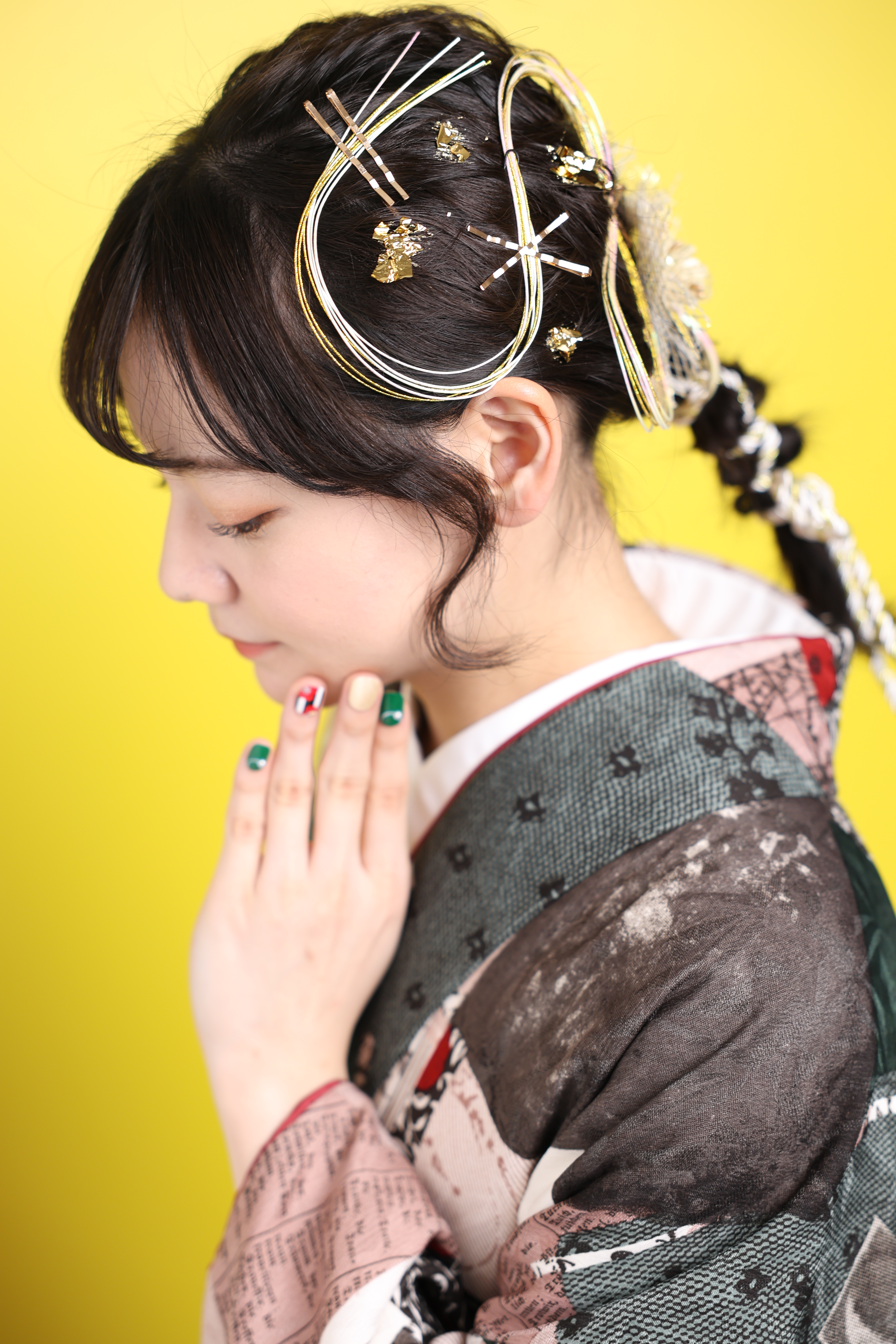 札幌卒業袴レンタル前撮り撮影ヘアスタイル髪型水引き金箔編みおろし
