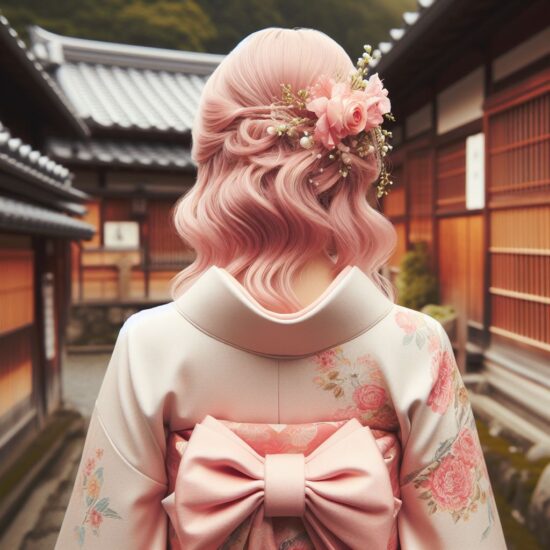 鮮やかなピンクの髪色の振袖を着た女性