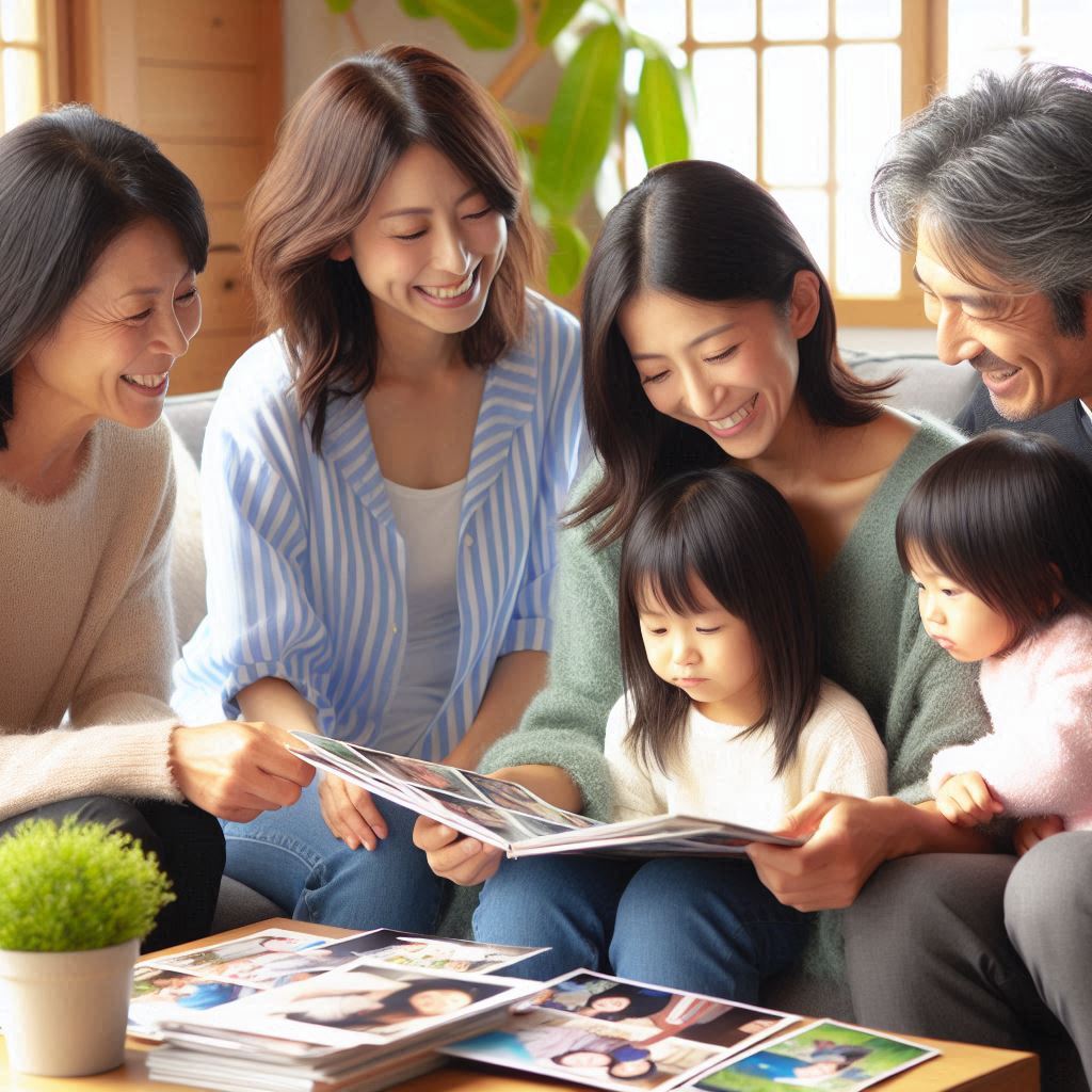 家族で写真を楽しむ様子