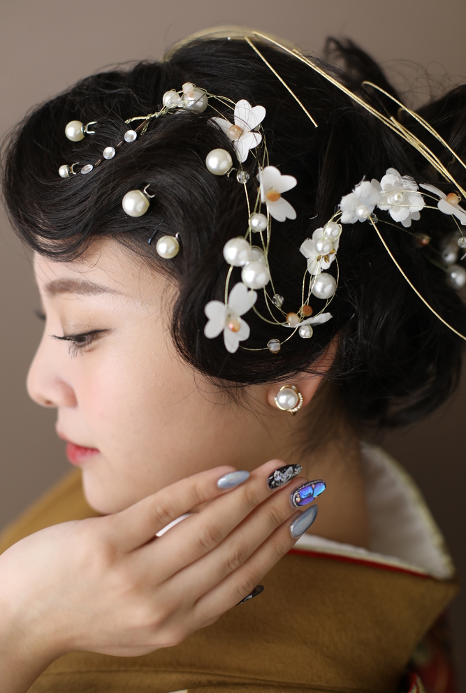成人式髪飾りパール個性的な髪型