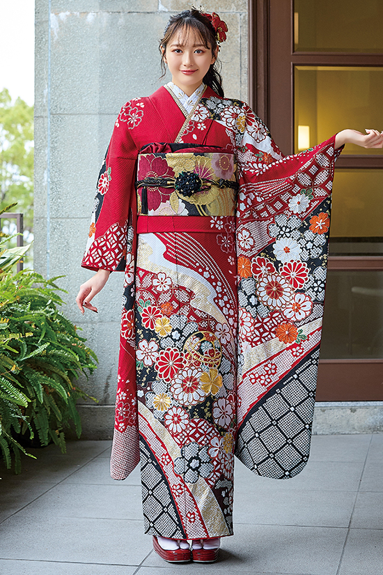 振袖赤色絞りの振袖