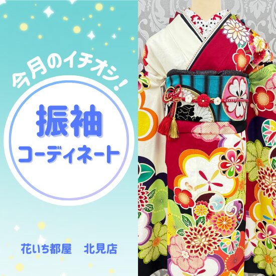 赤と白のポップでレトロな振袖のコーディネート写真