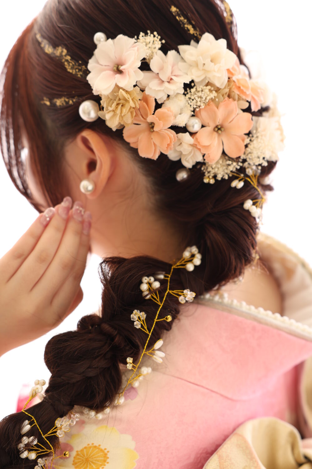 26年成人式のお嬢様、前撮り写真、編みおろしヘア