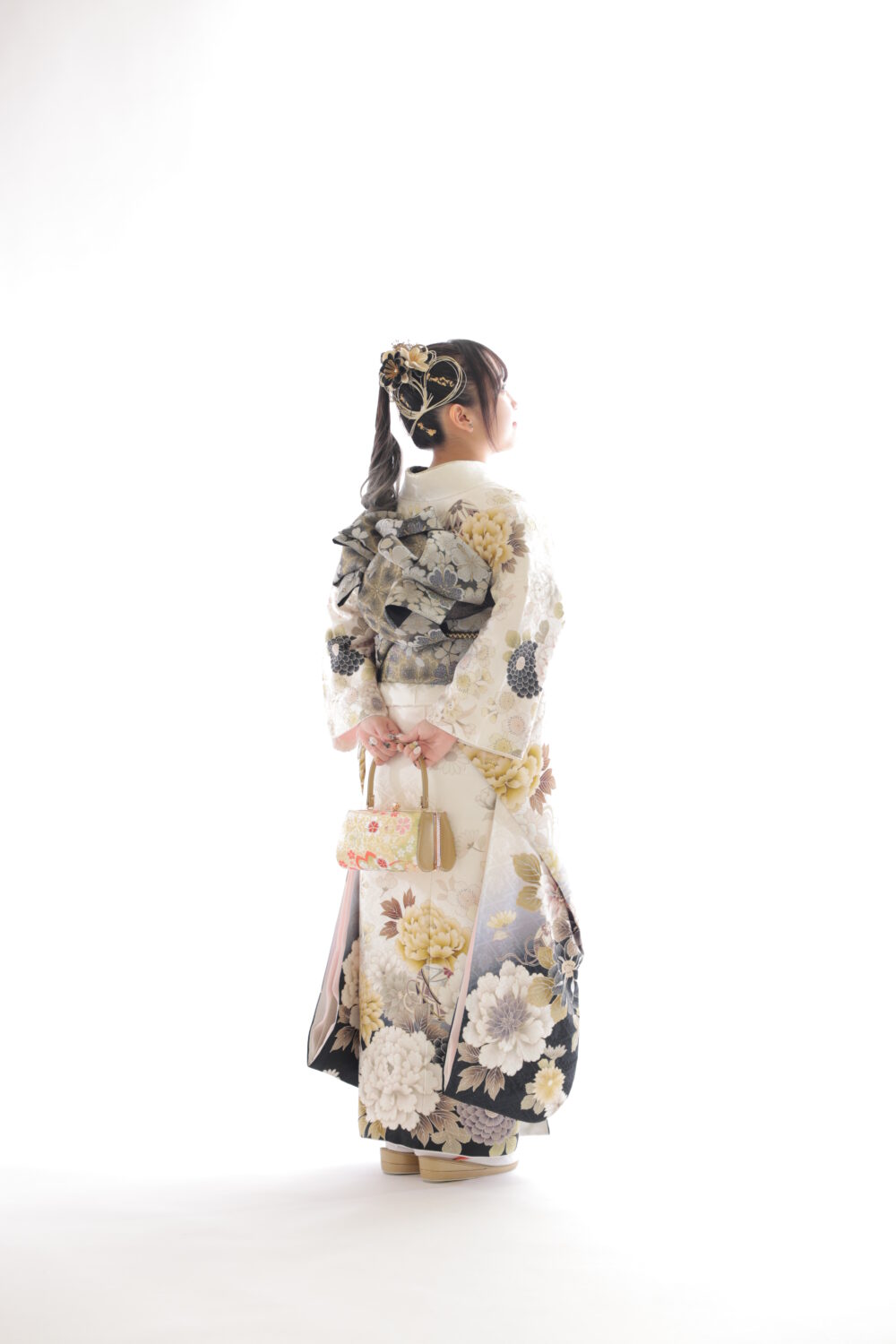 26年成人式のお嬢様、前撮り写真、ポニーテールリング