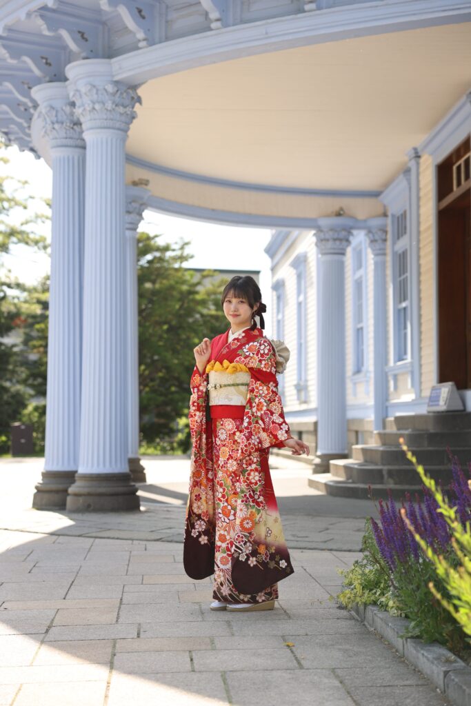 振袖前撮り後撮りフォトスタジオ赤振袖赤色振袖ヘアロケーション撮影ロケフォト