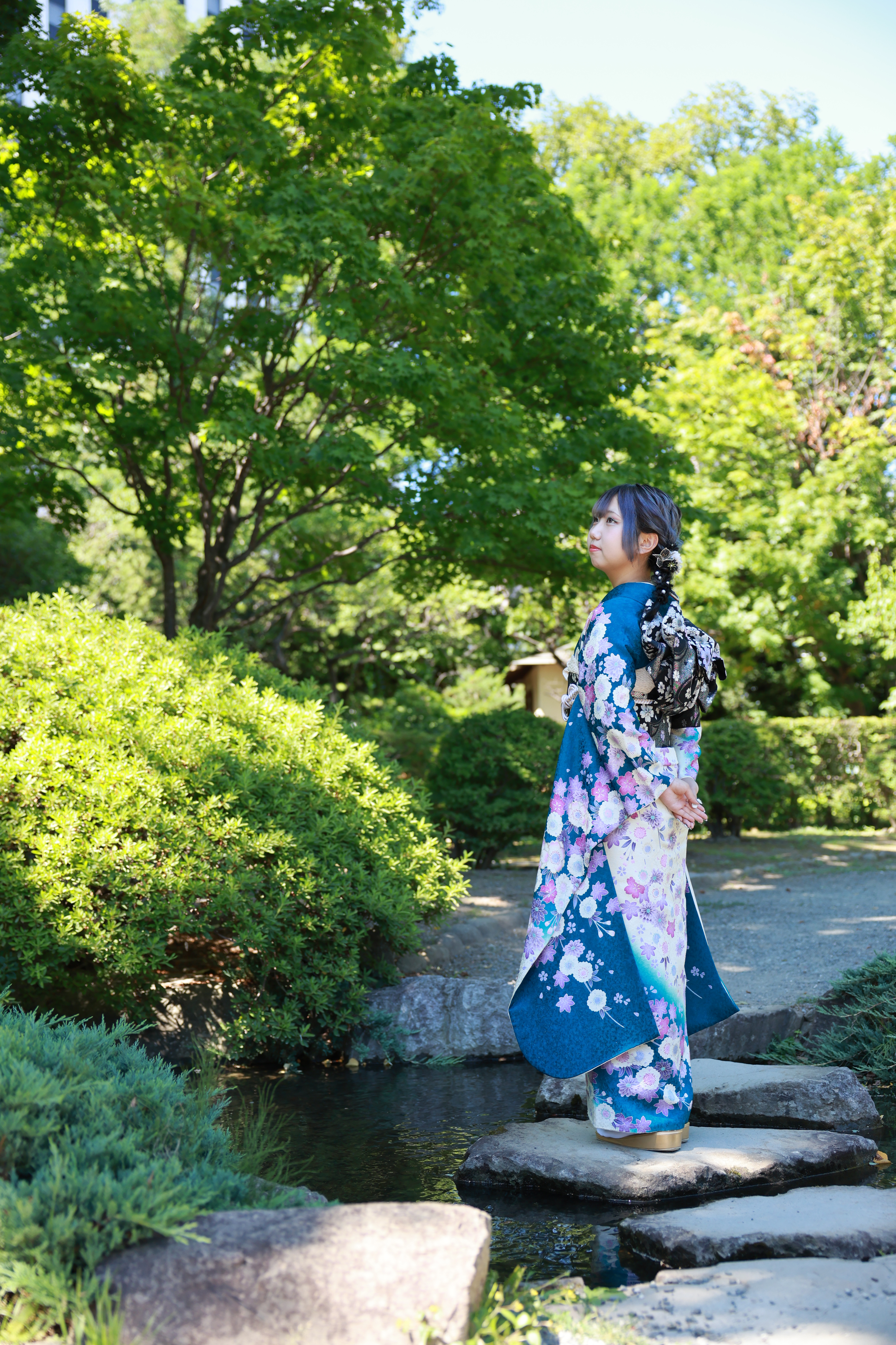 前撮り後撮り振袖撮影振袖青振袖青色振袖ヘア編み下ろし編み下ろしヘアロケーション撮影夏成人成人式写真だけ