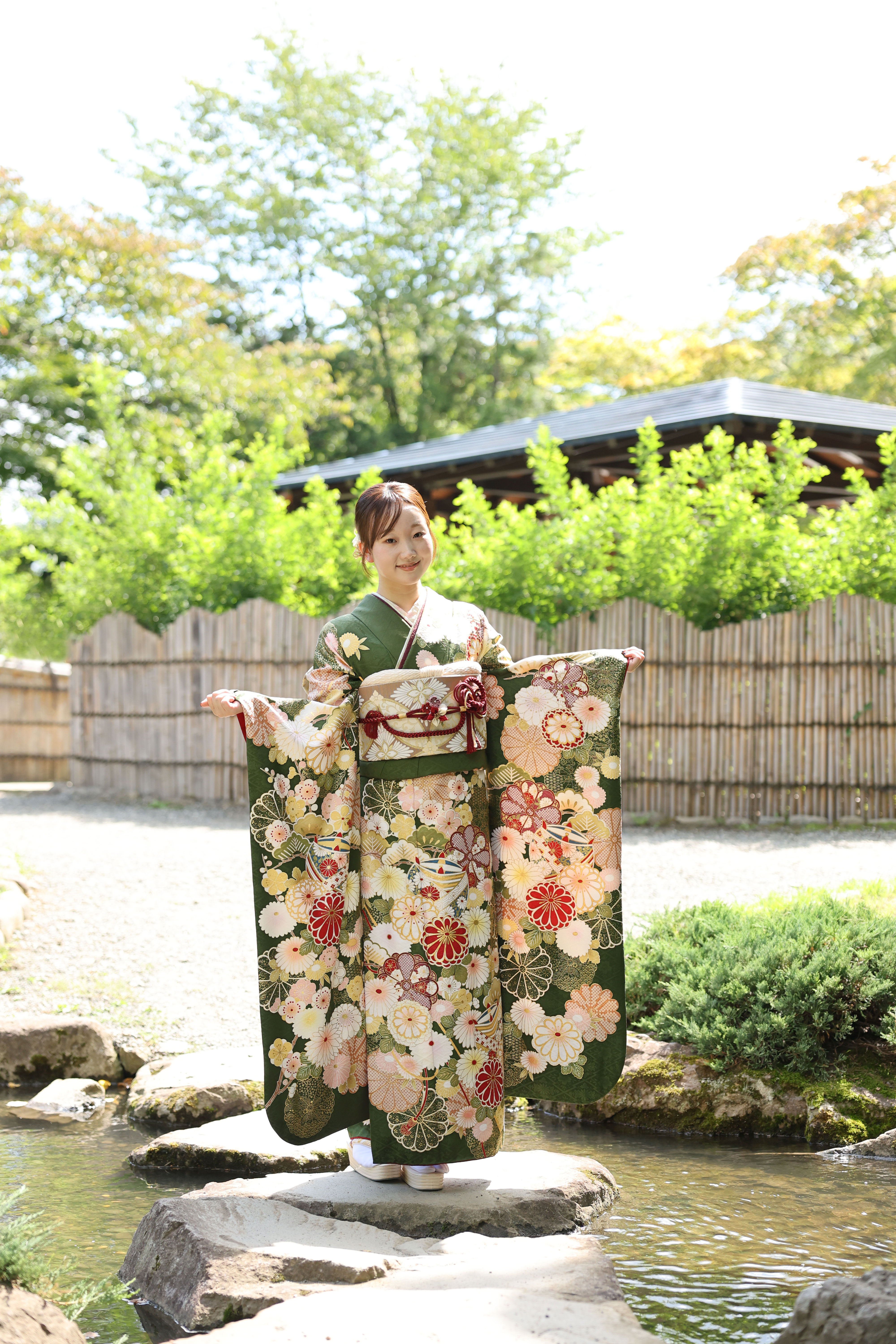 振袖振袖ヘアタイトヘア前撮り後撮りフォトスタジオ緑振袖緑色成人式成人
