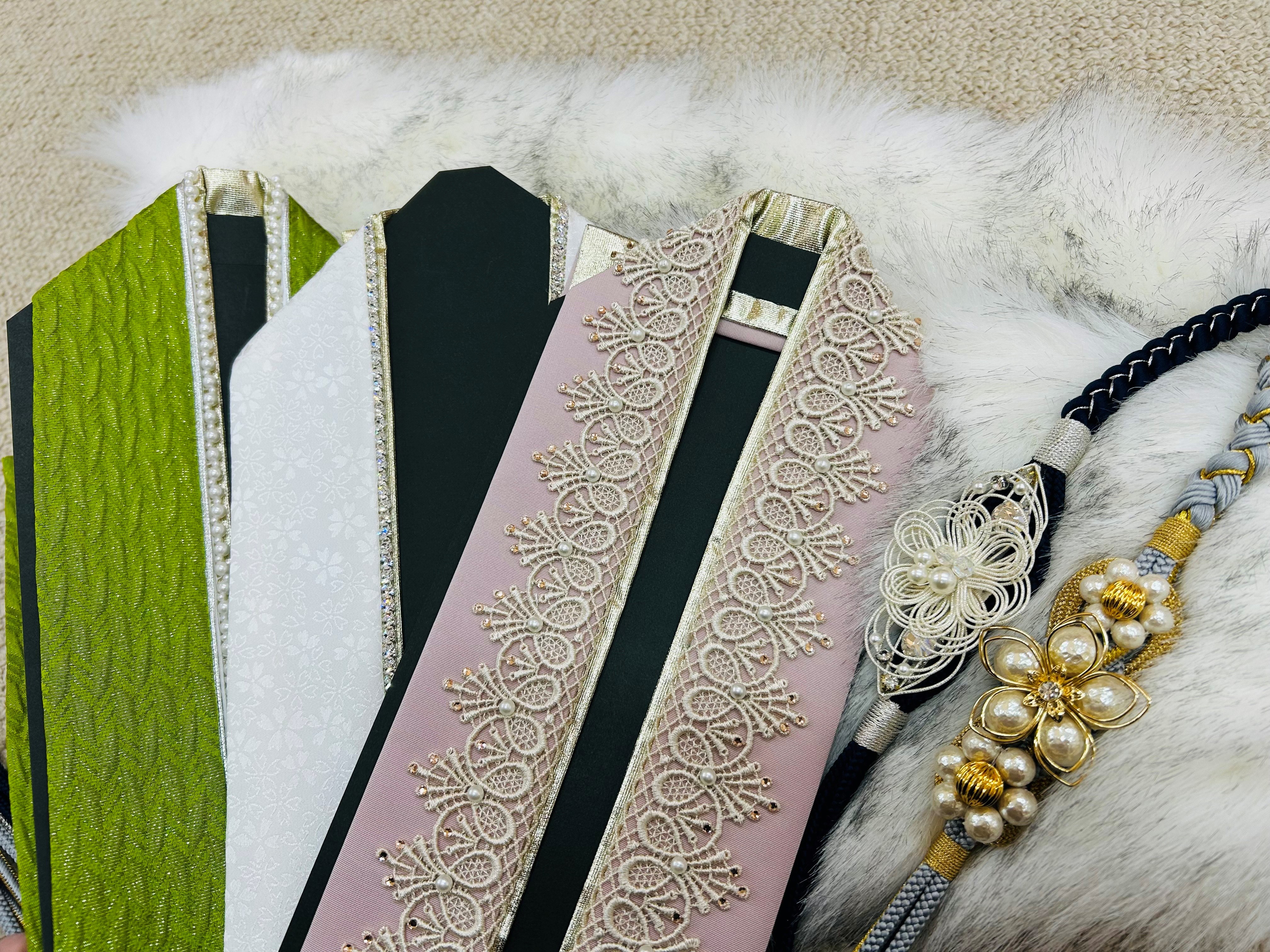 2025年トレンド小物。重ね衿・帯締め。くすみカラー・レース・パール