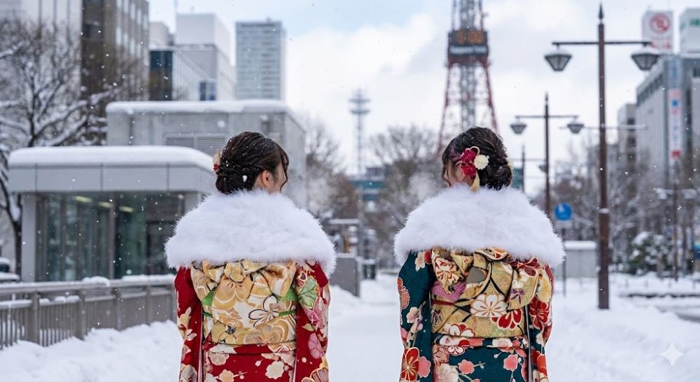 札幌　雪景色　振袖　成人式