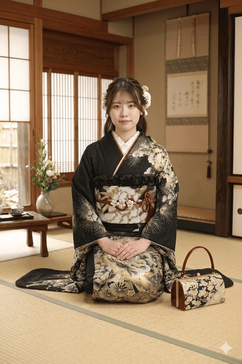 黒い振袖で派手で目立ちたい黒金