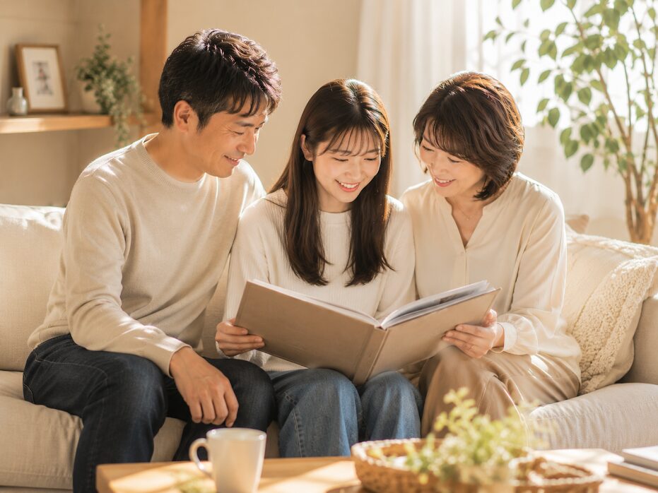 アルバム写真を見返す親子