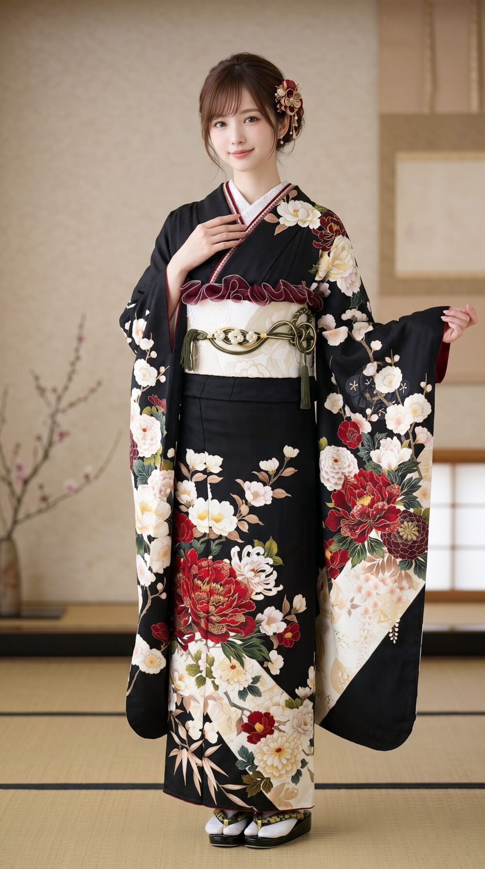 黒いモダン柄振袖のコーディネート全身画像