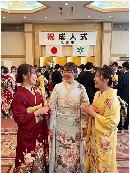 二十歳のつどい会場友人と談笑
