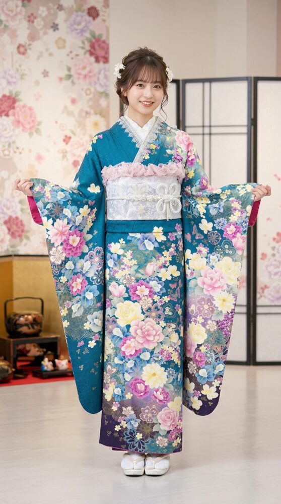 青緑の振袖コーデ参考