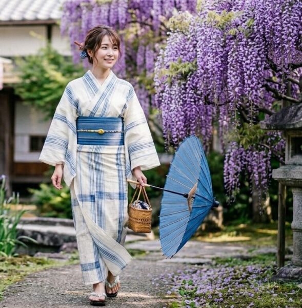 小千谷縮の着物を着用した女性