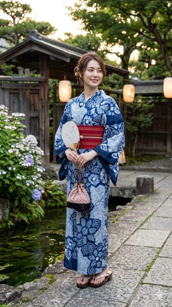 絞りの浴衣を着用した女性