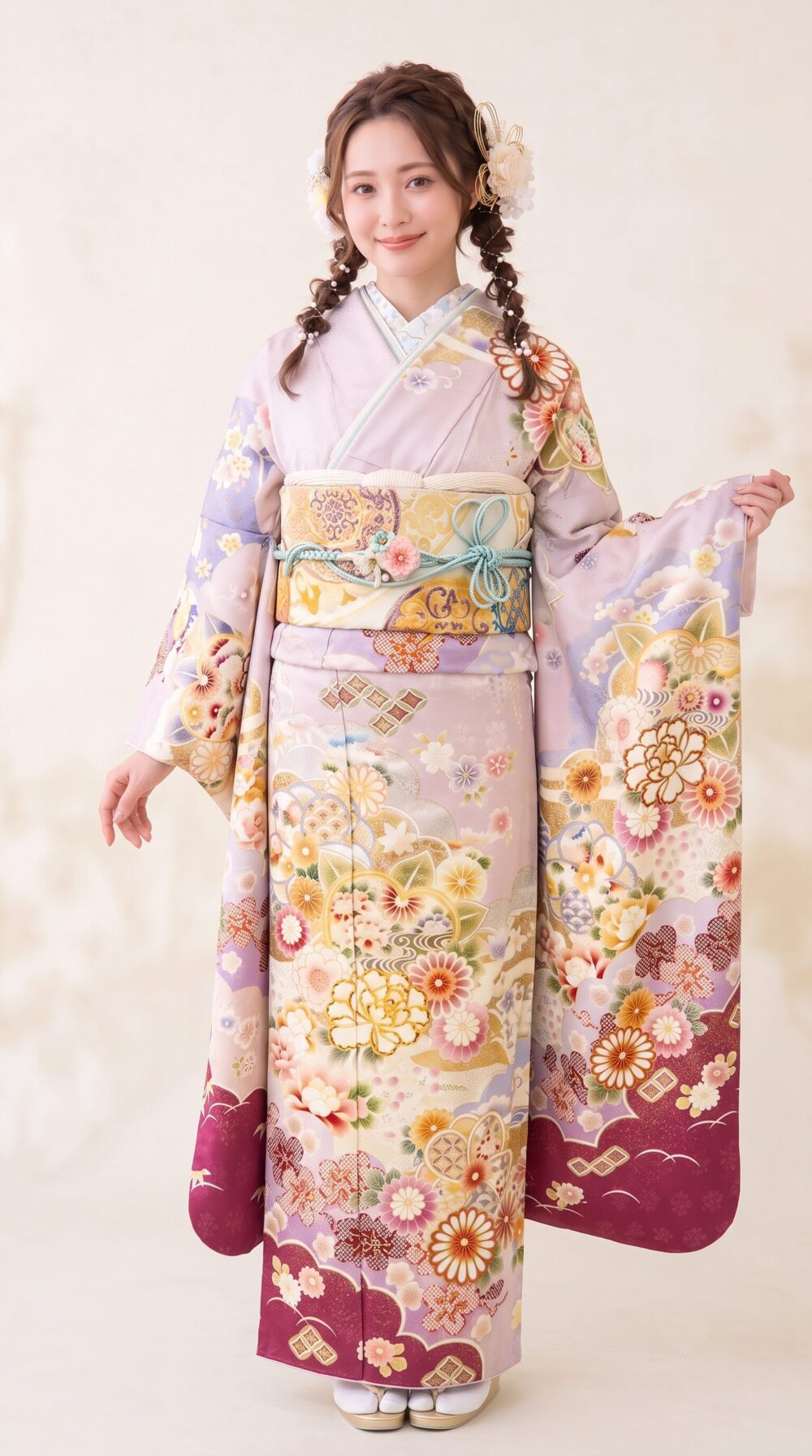 ラベンダー色、振袖、コーディネート画像、かわいい