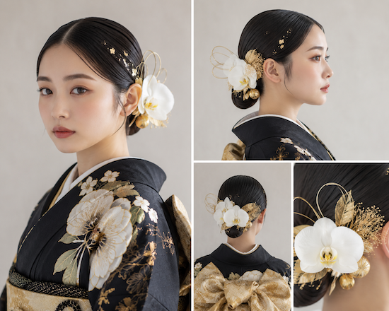 振袖黒
振袖ヘアスタイル
胡蝶蘭髪飾り