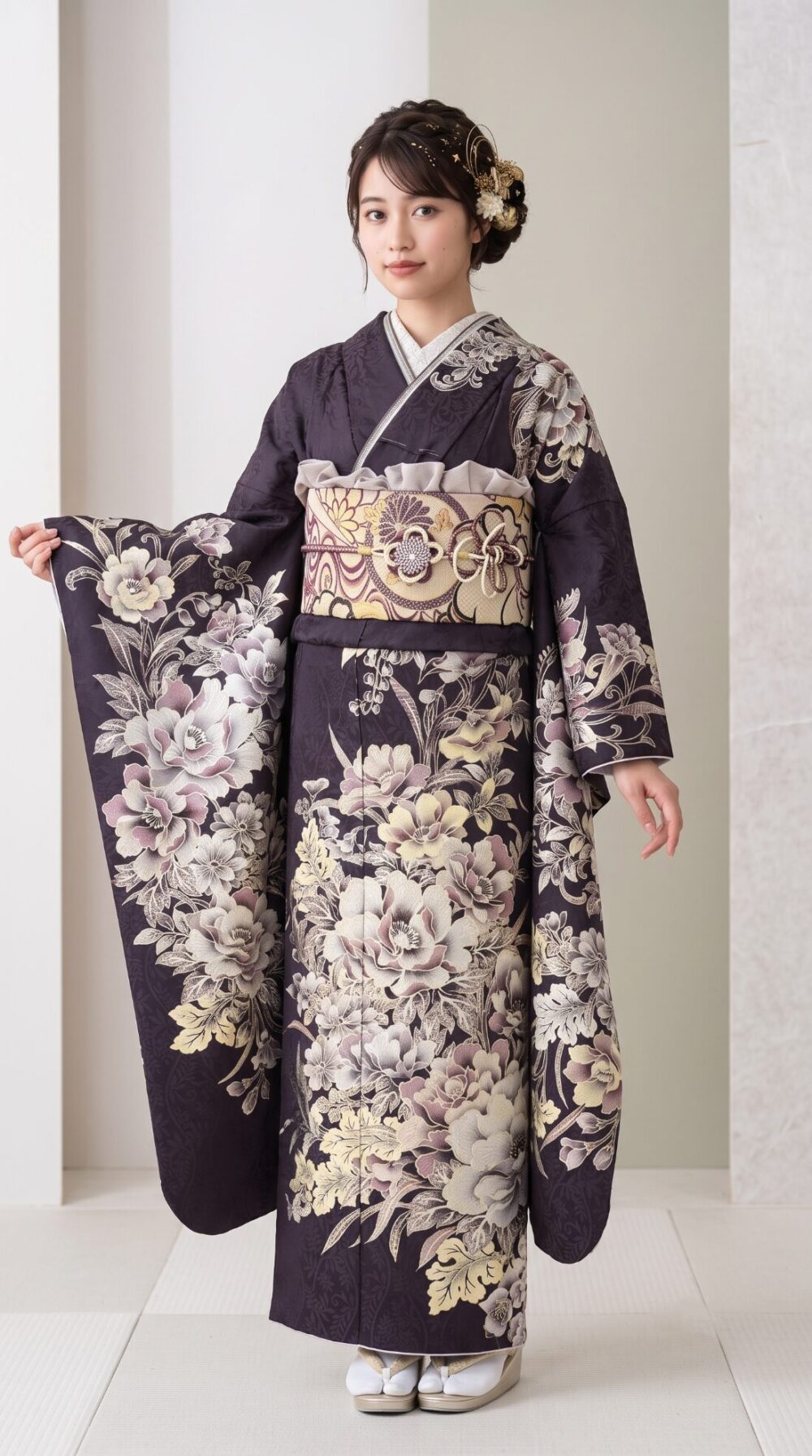 深い紫、ゴールド刺繍、シルバー刺繍、振袖コーディネート