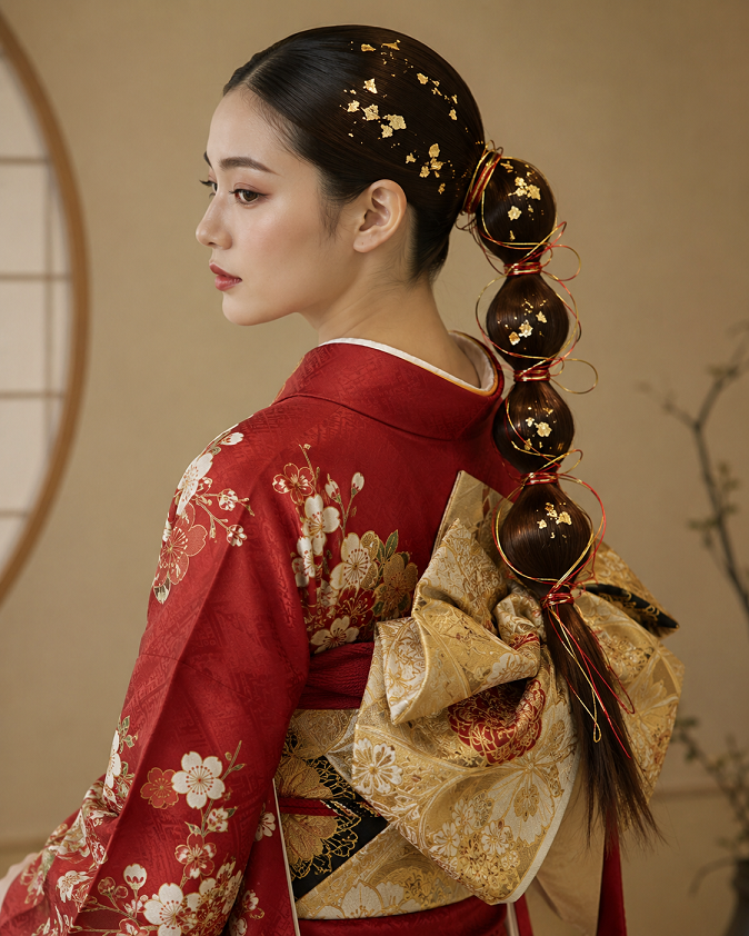 2027年（R9年）成人式及び前撮り撮影のタイトな玉ねぎヘアのイメージ画像