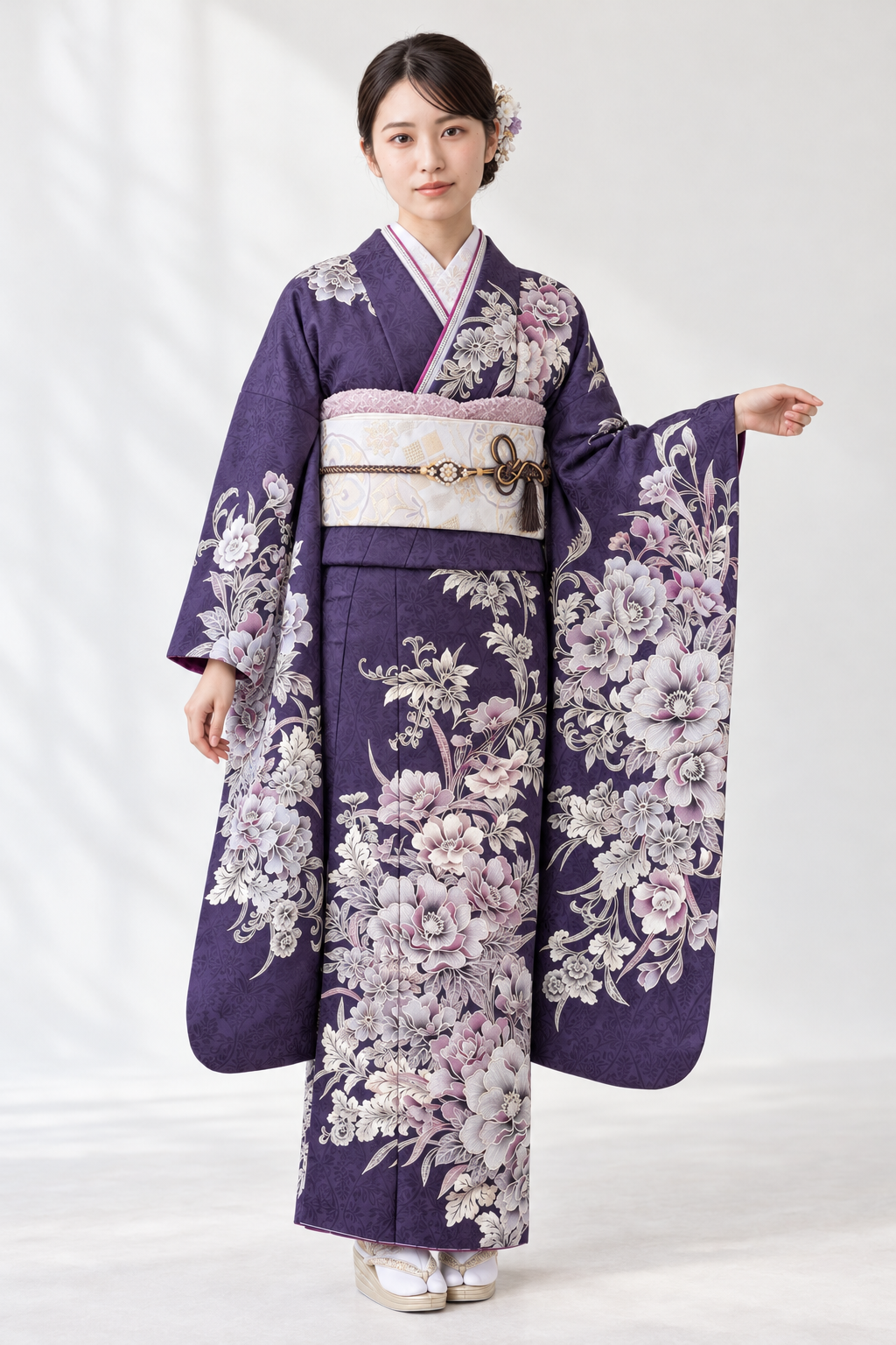 深紫の地色にシルバーの大輪の花柄振袖