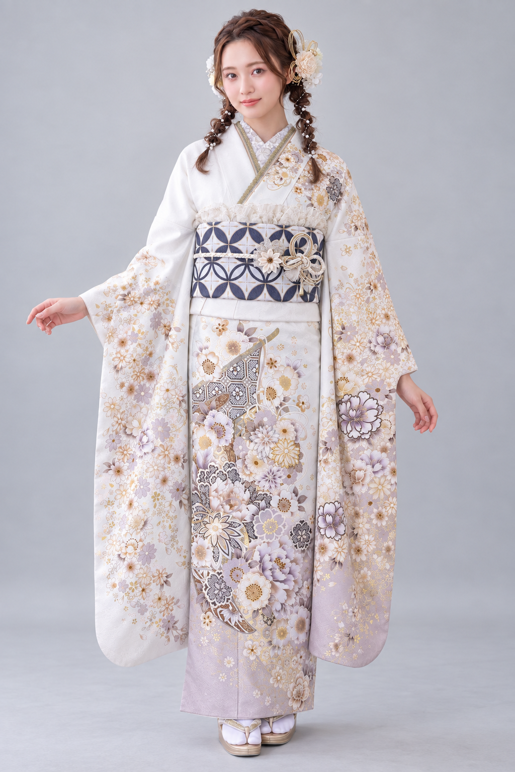 白地にくすみ藤色の花の上品古典振袖コーディネート