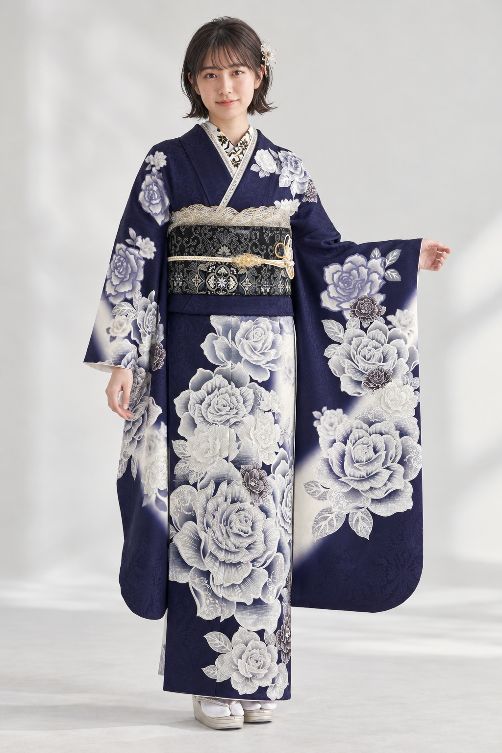 紺地に大胆な銀の薔薇の振袖コーディネート